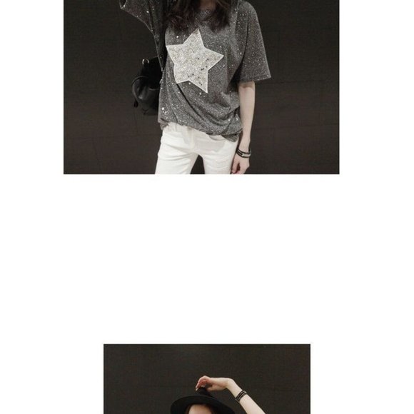 Short-Sleeve Star Printed Glitter T-Shirt Tee Size Small Gray - Picture 5 of 10